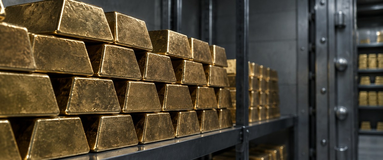 Archive editorial photograph: stacked gold bars on vault shelving