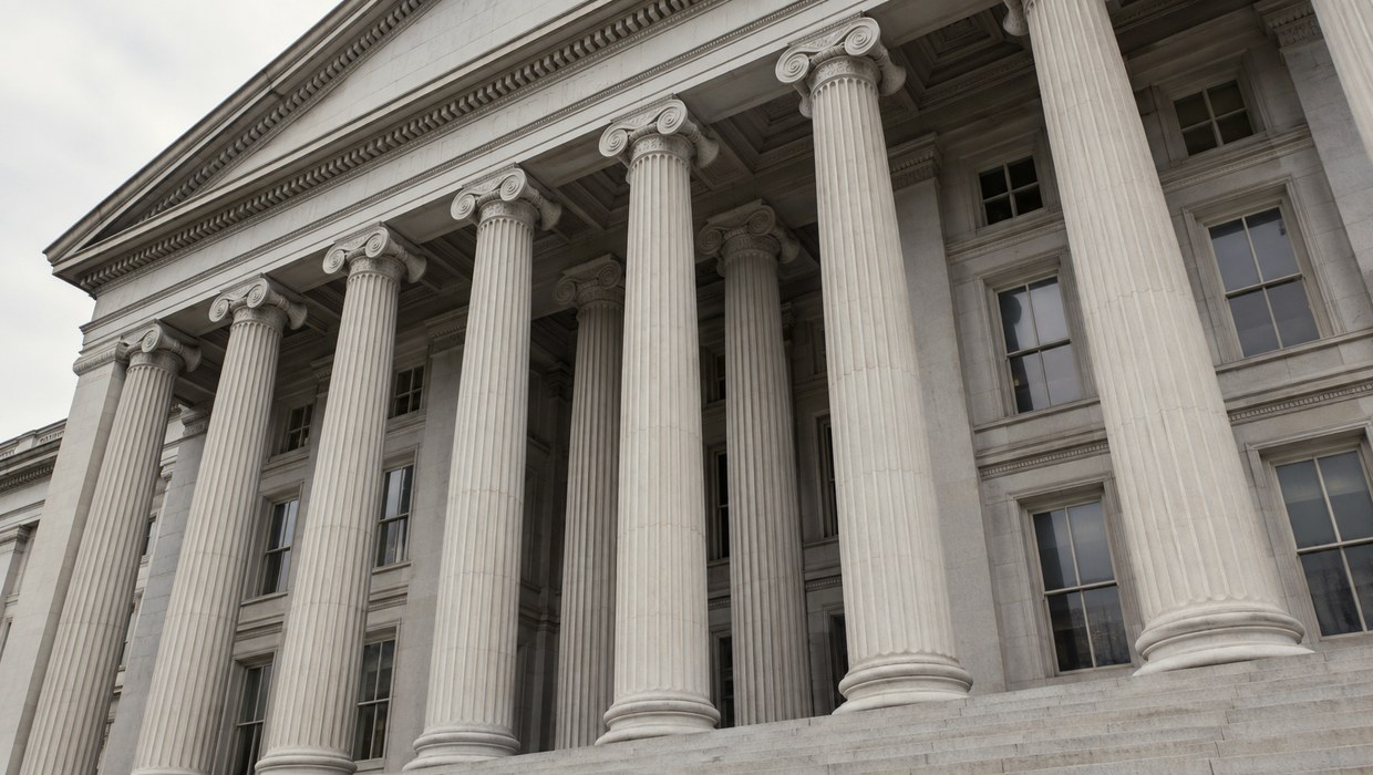 Archive editorial photograph: fluted stone columns of a government building