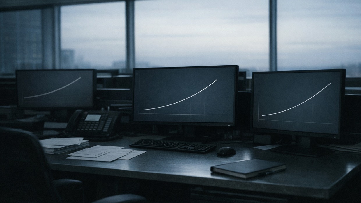 An empty institutional bond trading desk before sunrise