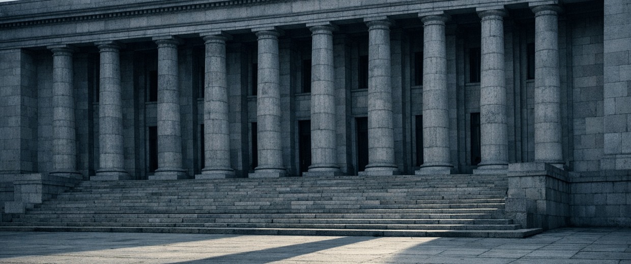 An empty neoclassical institutional building in cool morning light