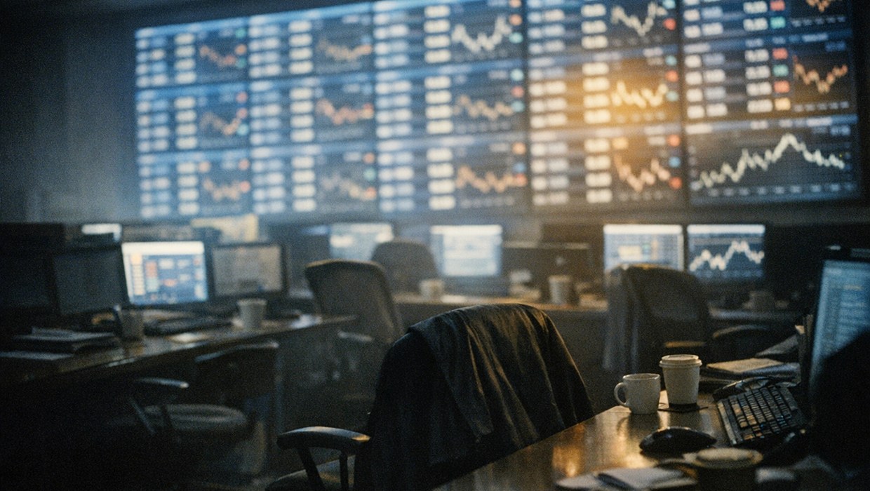 A currency trading floor at night lit by a wall of exchange-rate screens
