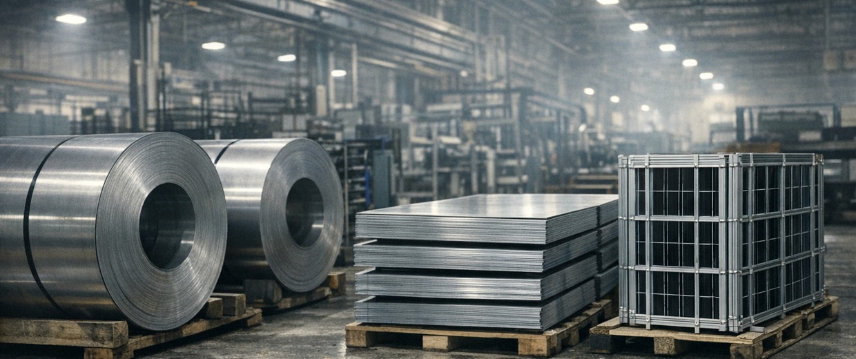 Rolls of industrial silver sheet on a factory floor beside solar cell frames